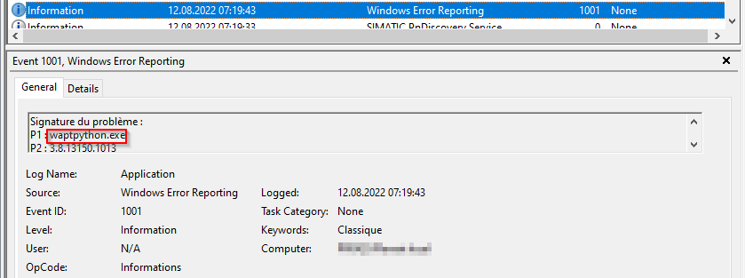 Event &quot;APP CRASH&quot; concernant waptpython.exe