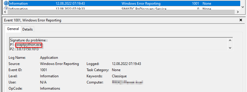 Evento "APP CRASH" relativo a waptpython.exe